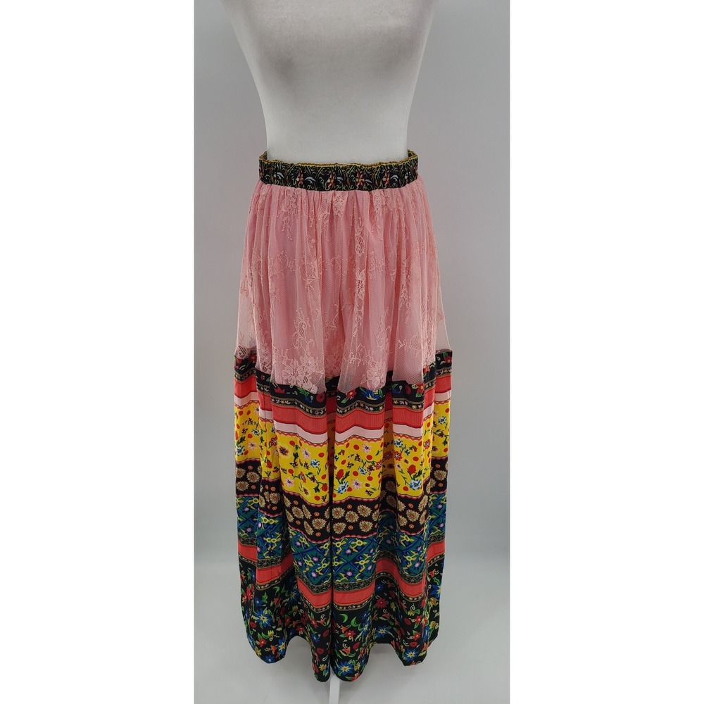 Patchwork Boho Festival Tiered Maxi Women Skirt Size S Layered Floral Lace